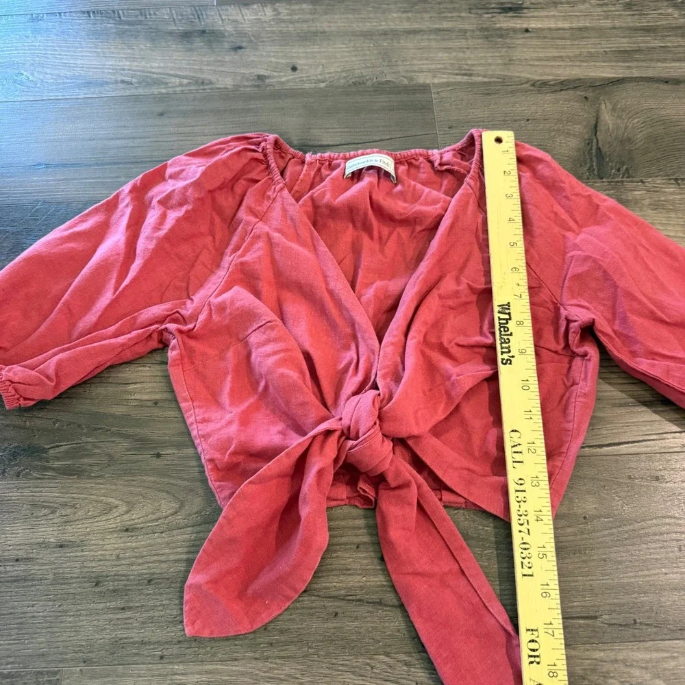 Abercrombie & Fitch Red Pink Tie Front Puff Sleeve Crop Top Blouse Small